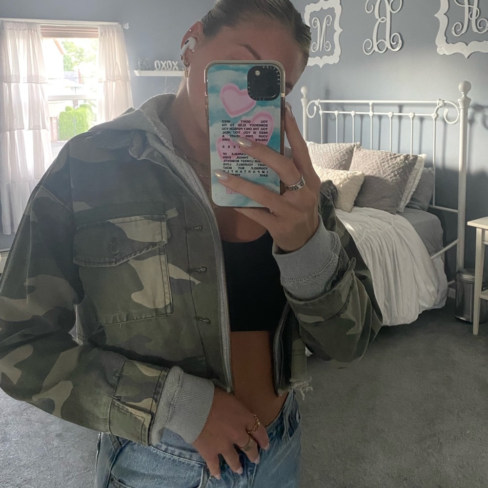 Vintage Havana Cropped Camo Denim Jacket with Grey Sweatshirt underneath